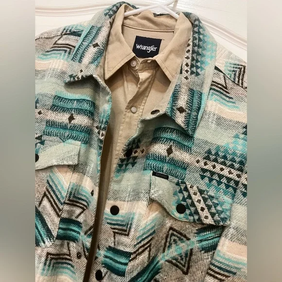 Rock & Roll Denim Men’s Beige Teal Turquoise Aztec Jacket Shacket, Size XXL, NWT - Picture 1 of 11